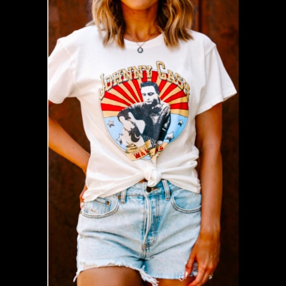 💋Vintage Style Johnny Cash “ Walk The Line” White Short Sleeve Shirt Material